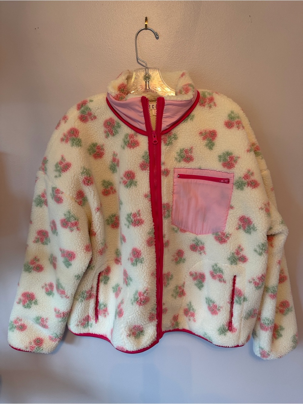 TCEC Cream Teddy Jacket with Pink Floral Print